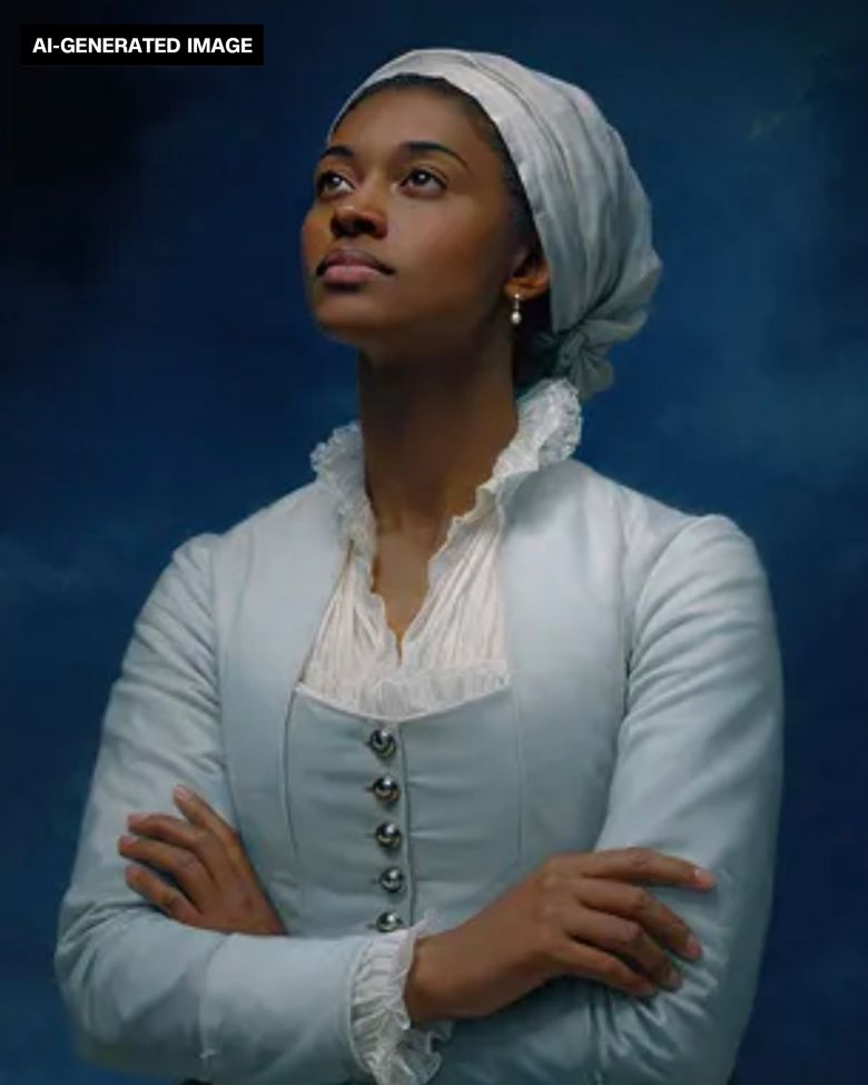 Phyllis Wheatley is the only black woman featured in the Freedom 250 gallery. Her sky-colored dress stands apart from the uniformly darker blue garb in the other portraits.