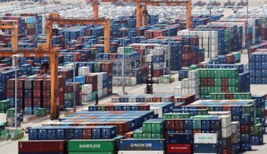 Containers are stacked at a port in Pyeongtaek, around 60 kilometers south of Seoul,  July 1. Yonhap