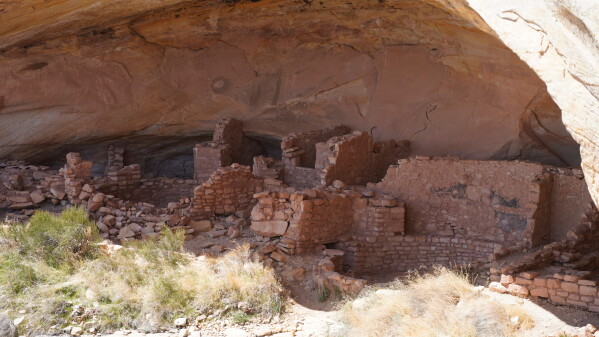 A section of ancient dwellings are seen during U.S. Interior Secretary Deb Haaland's tour along the Butler Wash trail at Bears Ears National Monument, April 8, 2021, near Blanding, Utah. (AP Photo/Rick Bowmer, Pool, File)