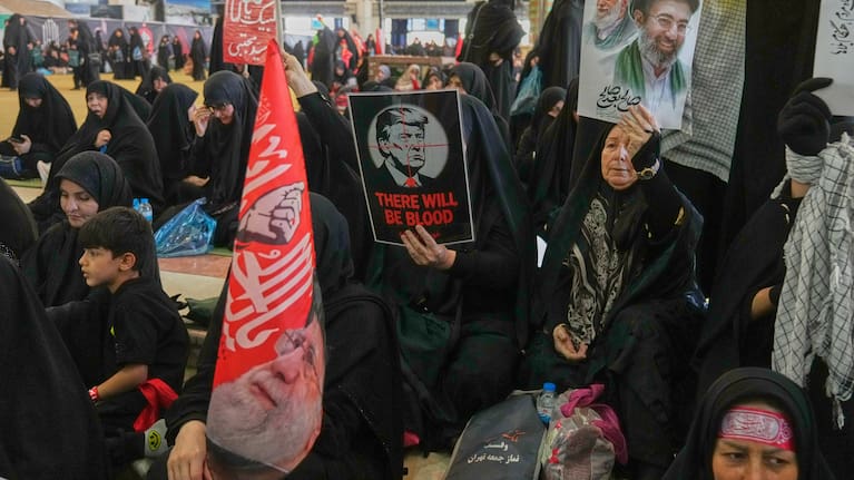 Mourners gather to commemorate the late leader at the Imam Khomeini Mosalla Grand Mosque in Tehran, Iran, Tuesday, July 14, 2026.