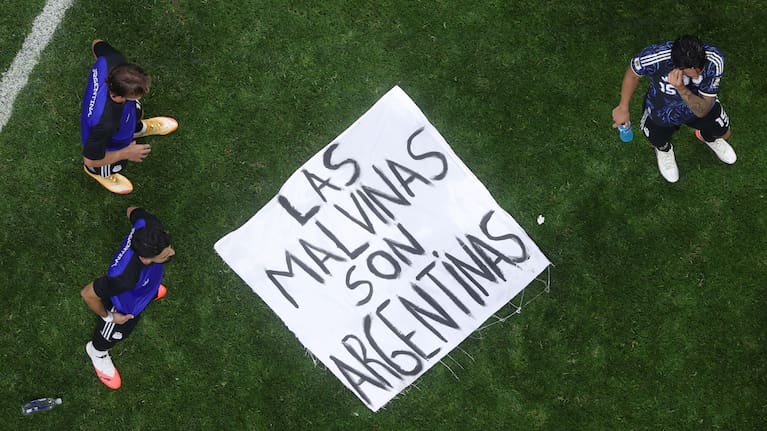 A banner is seen on the pitch following Argentina's 2-1 win over England.