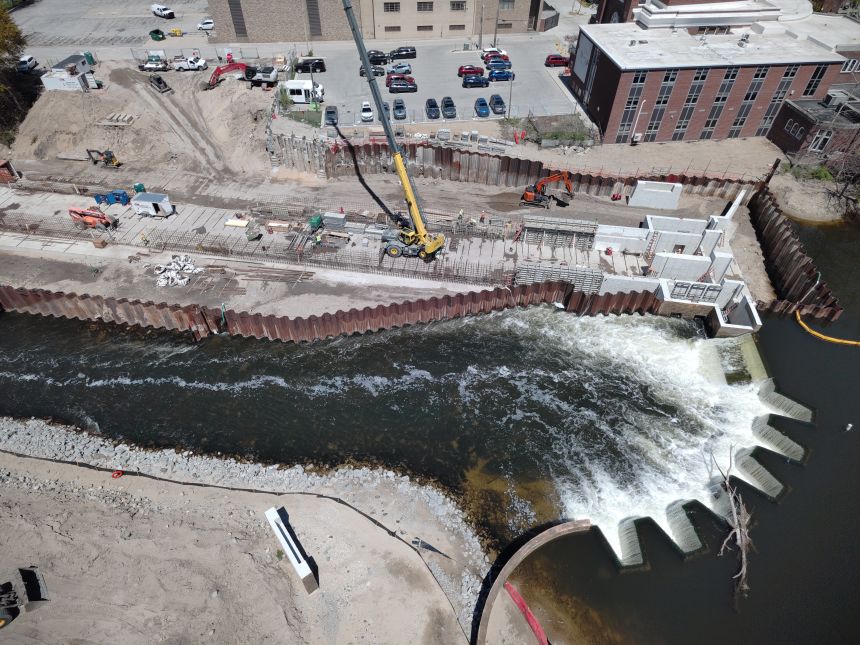 Construction of a replacement for the Union Street Dam in Traverse City, Michigan. The new dam will feature a channel that will be kitted with technology to identify and prevent invasive sea lampreys from moving upstream.
