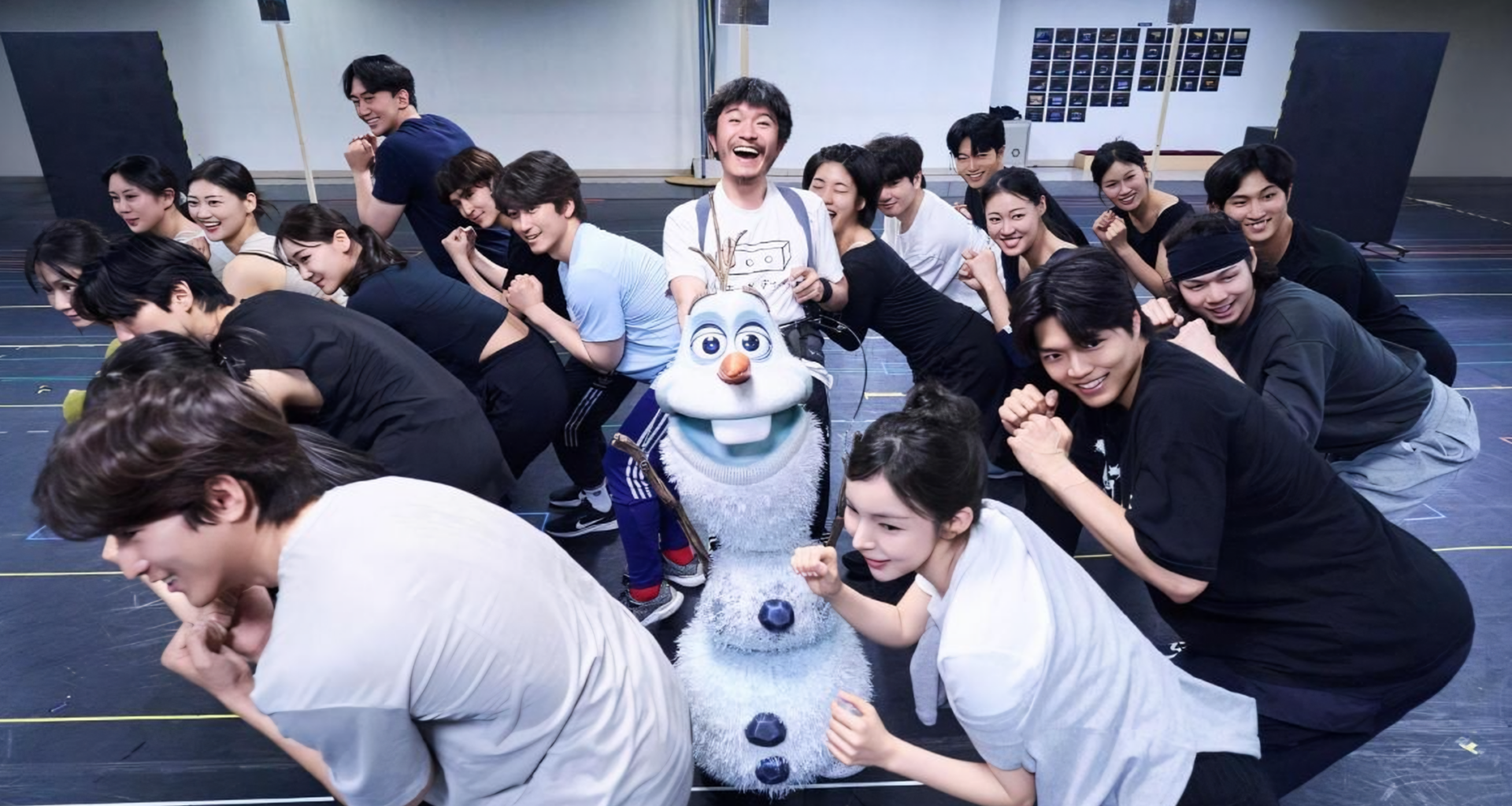 The Korean cast of the musical “Frozen,” featuring Han Gyu-jung as Olaf, Shin Jae-beom as Kristoff and Park Jin-joo as Anna rehearse in Seoul, July 7. Courtesy of S&Co