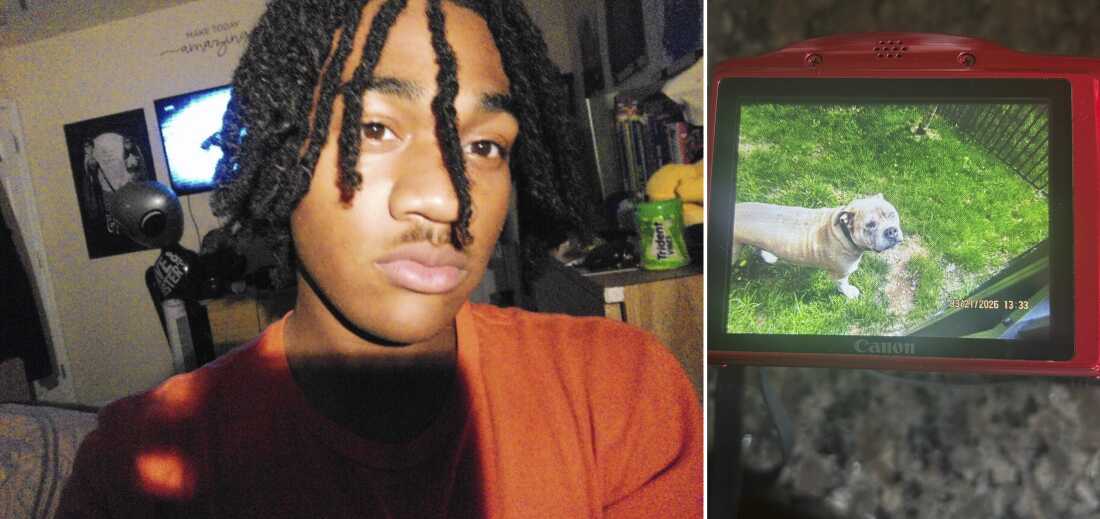 The photo on the left is a selfie of 16-year-old Jaden Williams. The photo on the right shows the back of his red Canon digital camera, which is displaying a photo of his dog, Chase.