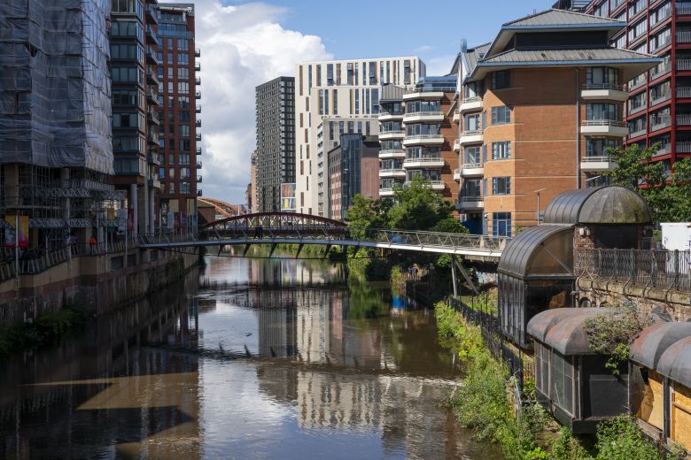 The regenerated Spinningfields business district sits beside the River Irwell in Manchester.