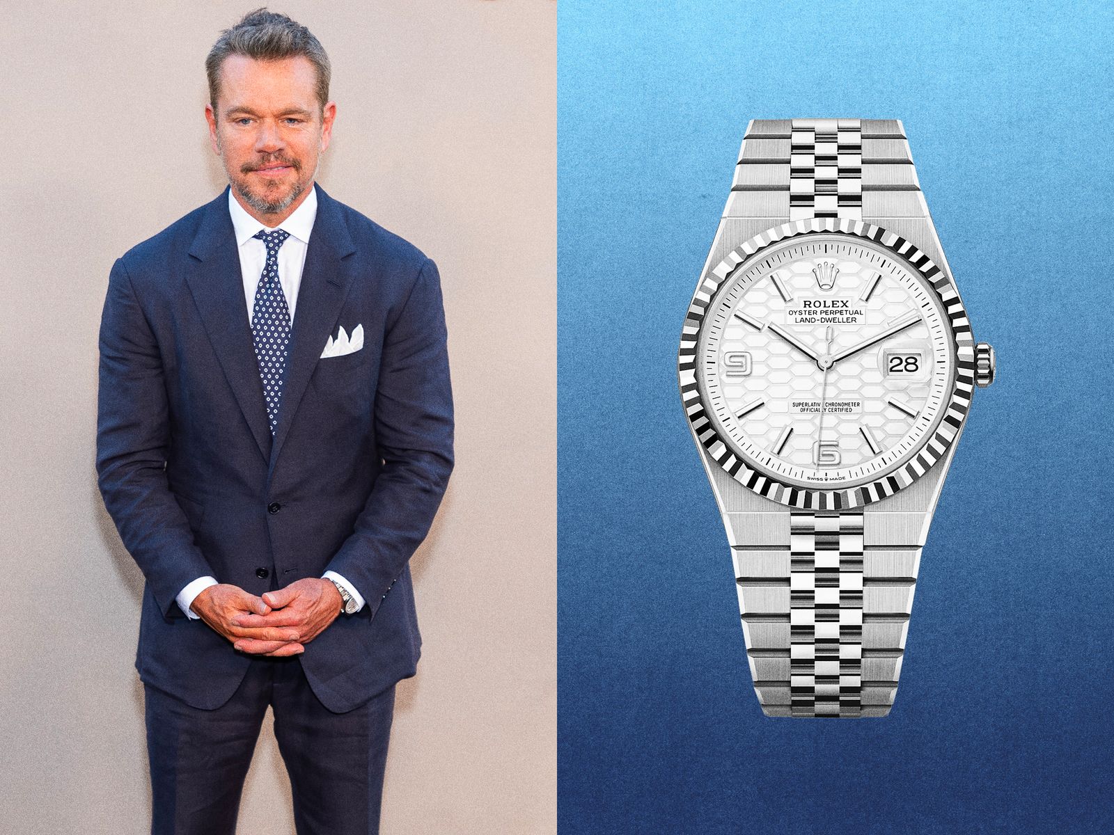 Image may contain Matt Damon Wristwatch Arm Body Part Person Formal Wear Clothing Suit Adult Accessories and Tie