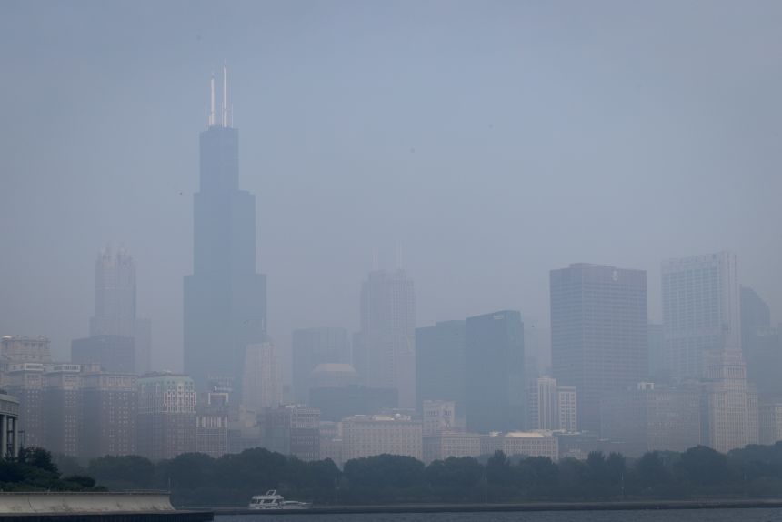 Smoke from Canadian wildfires blankets the Chicago skyline on Friday, July 17.