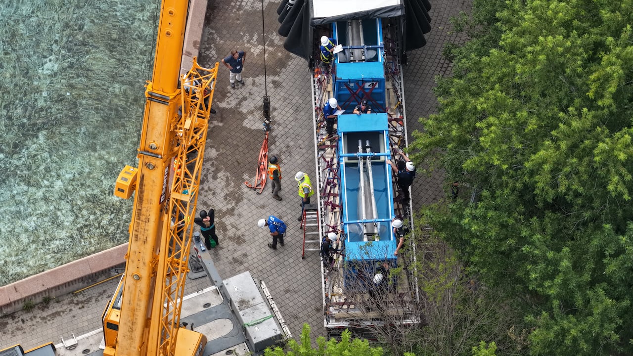 A white whale in a sling shot from well above, on the back of a flatbed truck and next to a large crane. People in hard hats work nearby.
