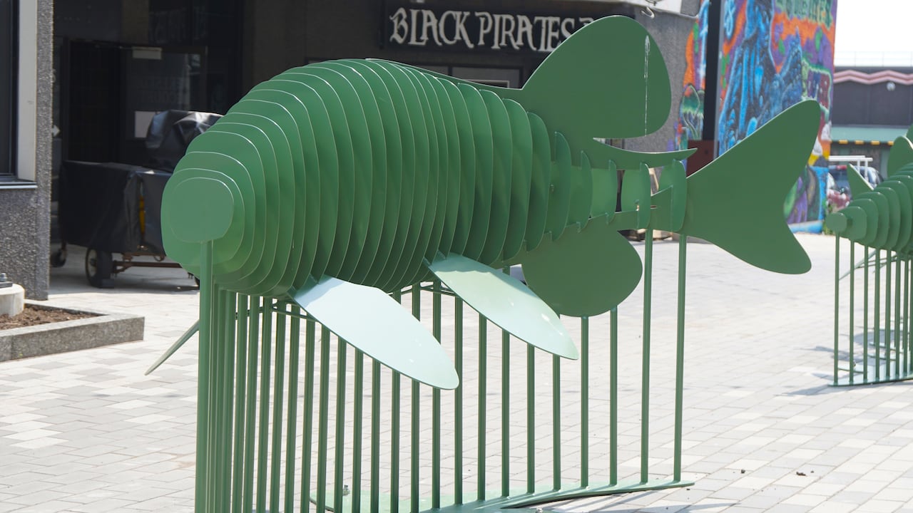 One of the five fish sculptures in the north core.