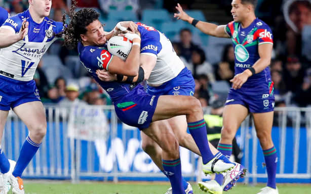 Dallin Watene-Zelezniak is tackled. Bulldogs v One NZ Warriors. NRL Rugby League, Accor Stadium NSW, Australia, Saturday 25th July 2026 Copyright Photo: David Neilson / www.photosport.nz