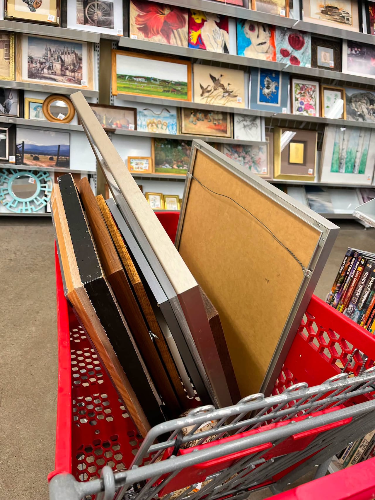 A shopping cart full of art