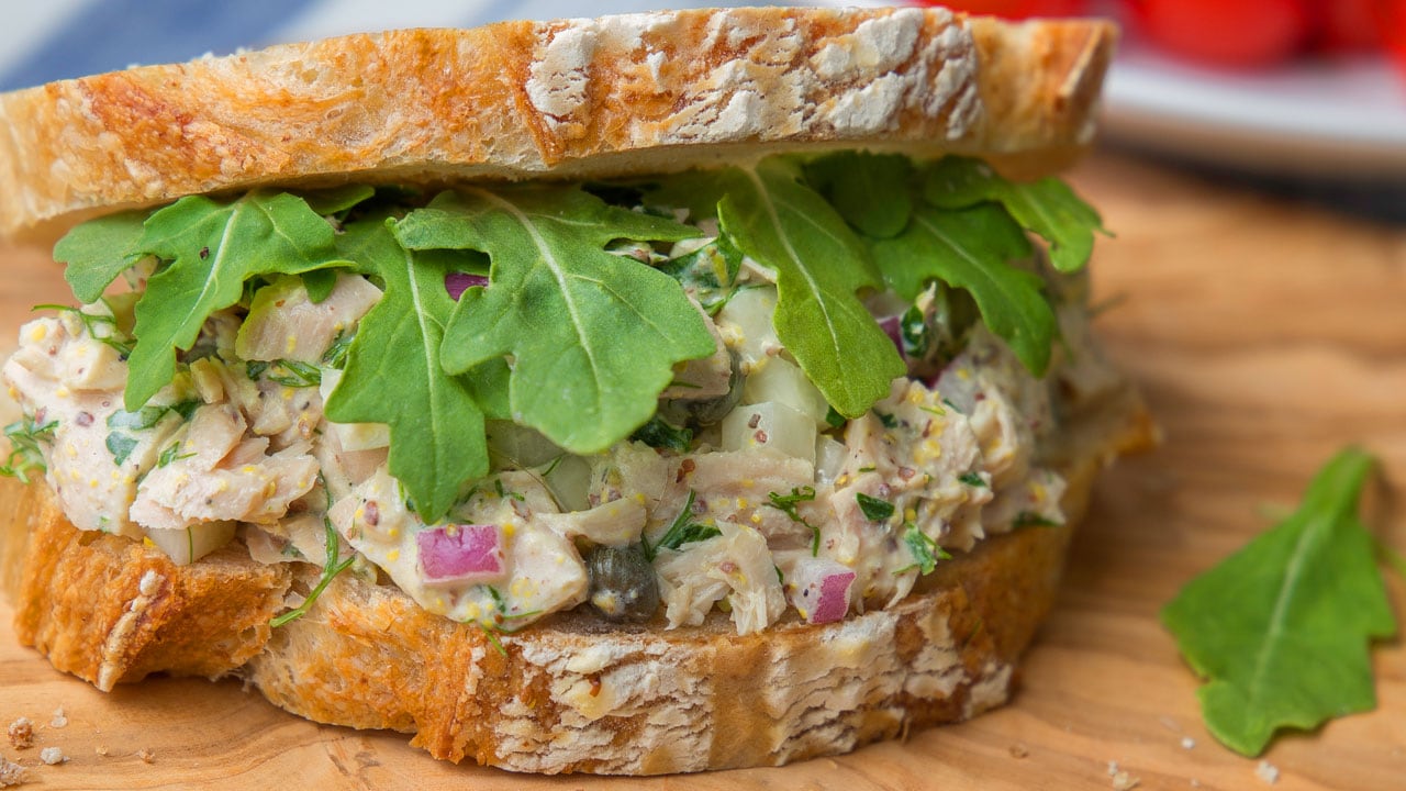 Closeup on a tuna sandwich.