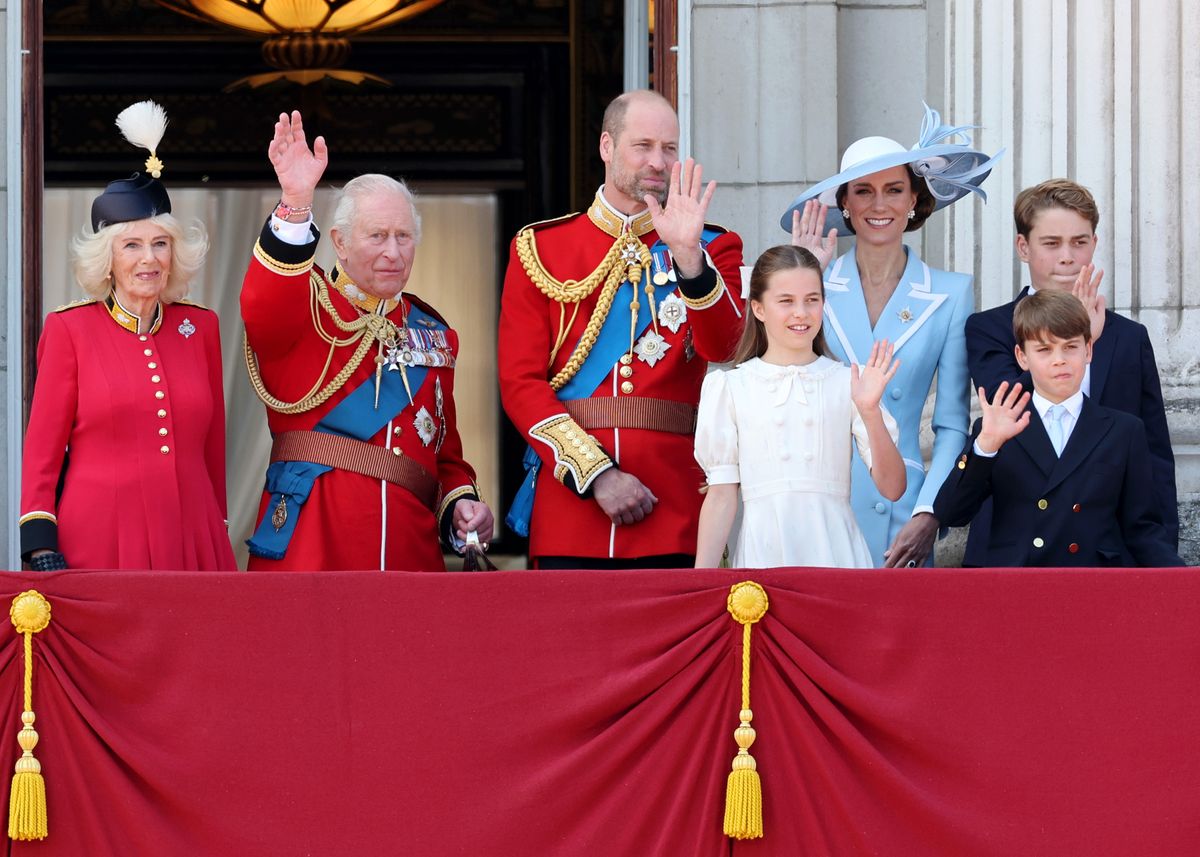 LONDON, ENGLAND - JUNE 13: (L-R) Queen Camilla, King Charles III, Prince William, Prince of Wales, Princess Charlotte of Wales, Catherine, Princess of Wales, Prince George of Wales and Prince Louis of Wales wave from the balcony of Buckingham Palace during Trooping The Colour on June 13, 2026 in London, England. Trooping The Colour is a ceremonial parade celebrating the official birthday of the British Monarch. The event features over 1400 soldiers of the Household Division and King's Troop Royal Horse Artillery, including over 400 musicians from the Massed Bands. (Photo by Chris Jackson/Getty Images)