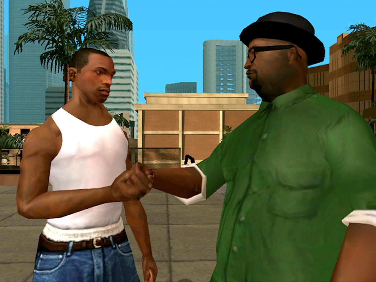 Two characters from Grand Theft Auto: The Trilogy shaking hands outdoors, with palm trees and buildings in the background.