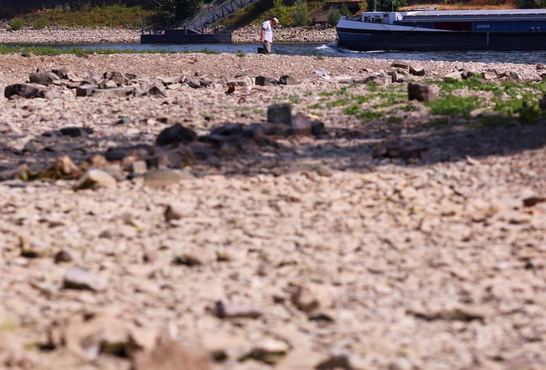 The dried-out riverbed of the Ahr river at its confluence with the Rhine in Sinzig, Germany, July 14, 2026.