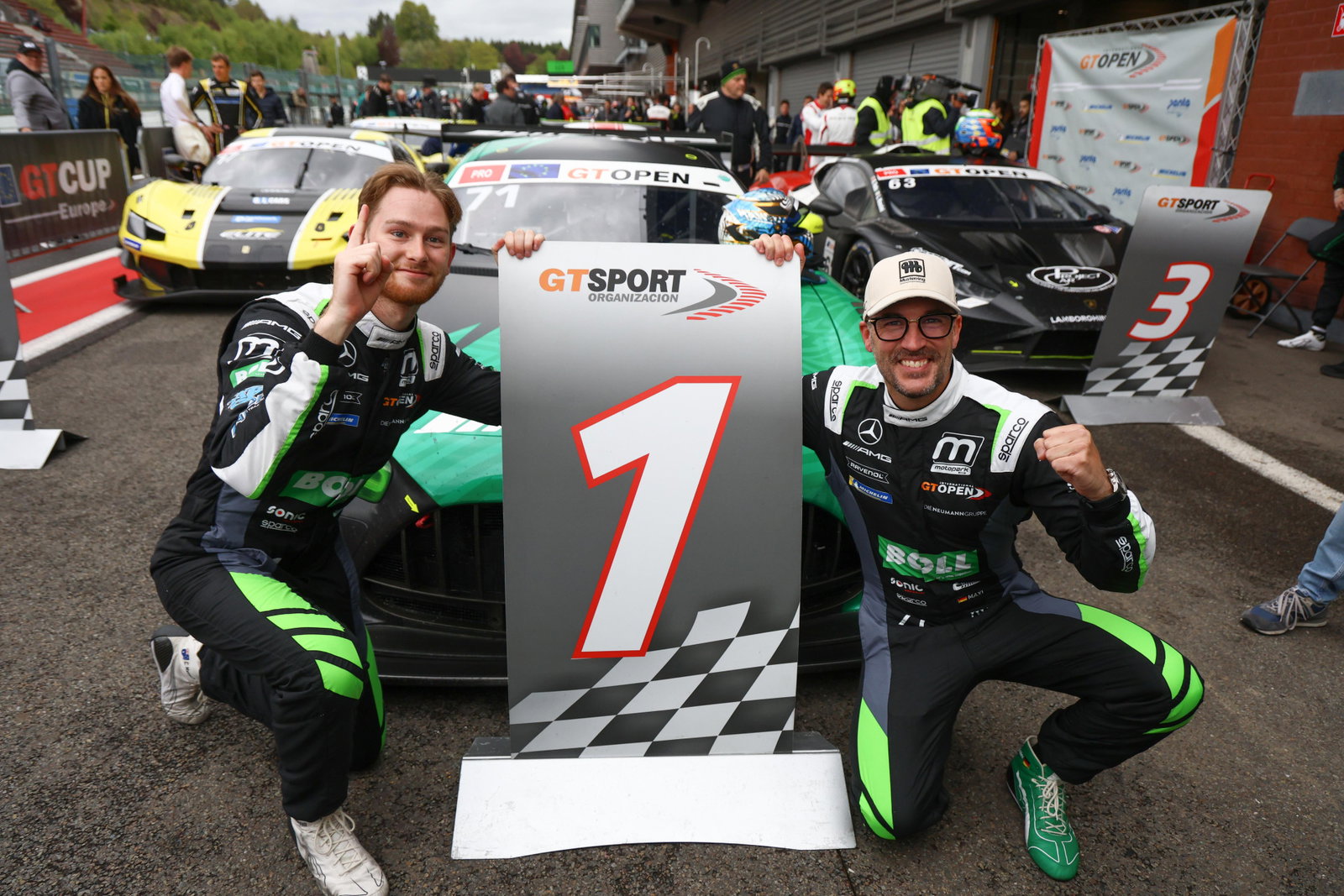 Christian Mansell (left) celebrates winning with Maximilian Gotz in International GT Open.