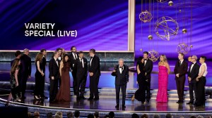 Lorne Michaels and cast and crew such as Bowen Yang, Mikey Day and Colin Jost, accept the Outstanding Variety Special (Live) award for 'Saturday Night Live 50th Anniversary Special' onstage during the 77th Primetime Emmy Awards at Peacock Theater on September 14, 2025 in Los Angeles, California.
