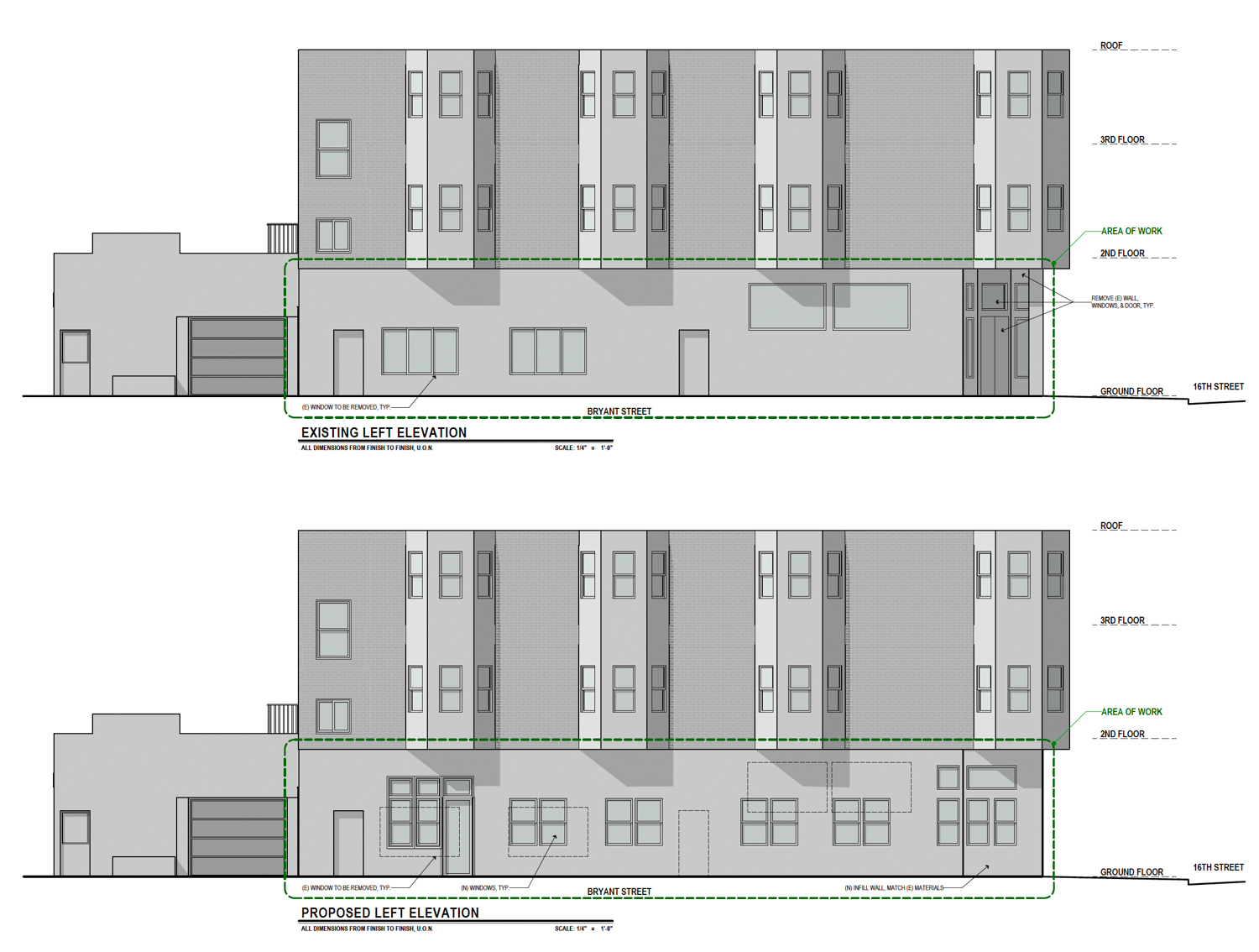 2401 16th Street facade elevation existing (top) and proposed (bottom), illustration by MML Architect
