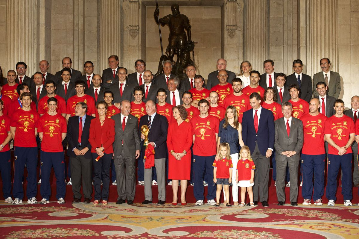 Then-Prince Felipe, Princess Letizia, Leonor and Sofía joined King Juan Carlos I and Queen Sofía in welcoming Spain's World Cup champions to the Royal Palace in July 2010.