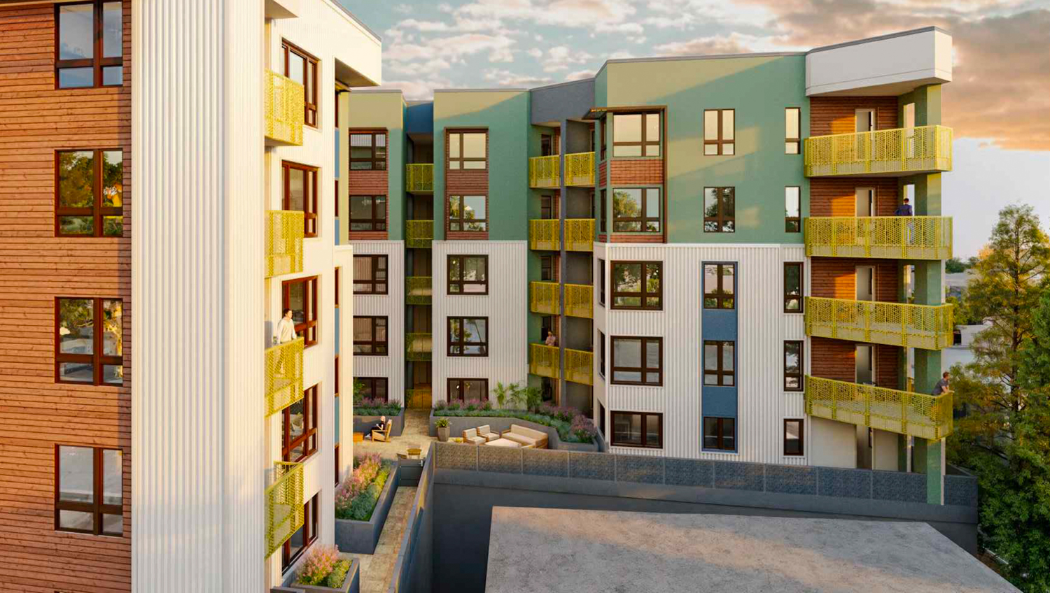 2555 Flores Street podium-top courtyard, rendering by DNA Design and Architecture