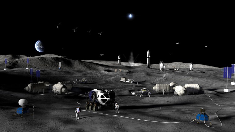 Artist’s rendering of conceptual Moon Base Phase Three development activities near the lunar South Pole.