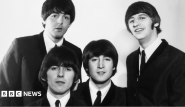 Sounds of Liverpool at the BBC. The Beatles backstage at Top of the Pops. The black and white images features (left to right) Paul McCartney, George Harrison, John Lennon and Ringo Starr in black suits and ties with white shirts and their signature bowl hair cuts.