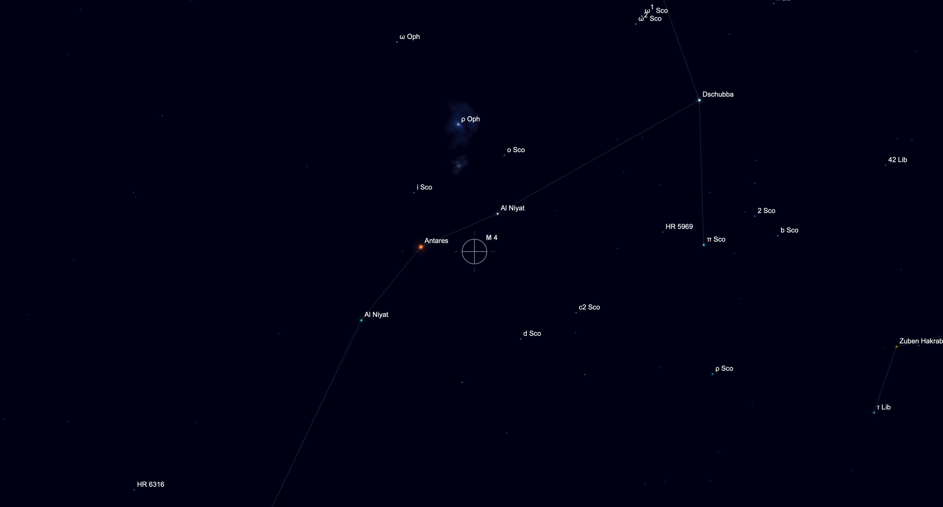 Star chart showing Antares in Scorpius with the nearby globular cluster M4 located just west of the bright red star.