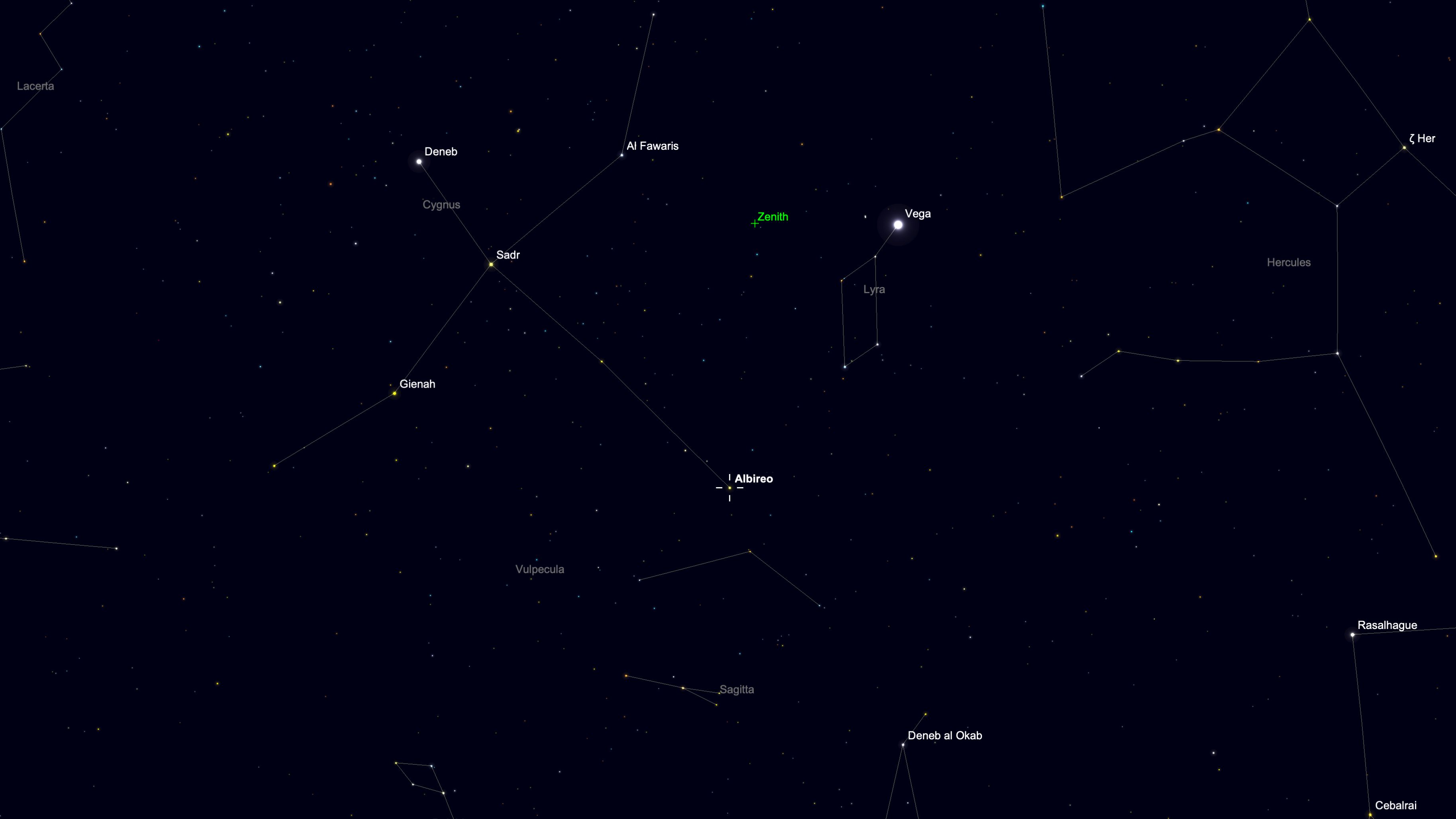 A starchart for Aug. 23 showing the location of the double star Albireo at the head of the constellation Cygnus in a black simulated night sky studded with stars.