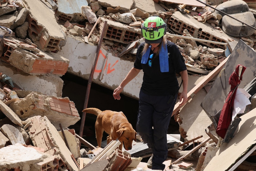 A female rescuer with a green helmet walking on a pile of rubble next to a tan brown dog.