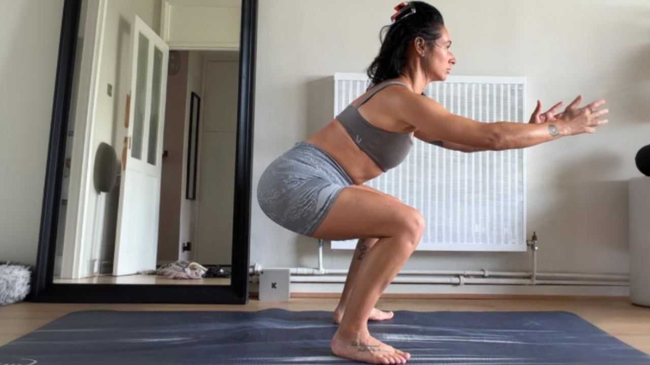 Sam performing a squat in two different scenarios one before an ankle mobility series and one after at home