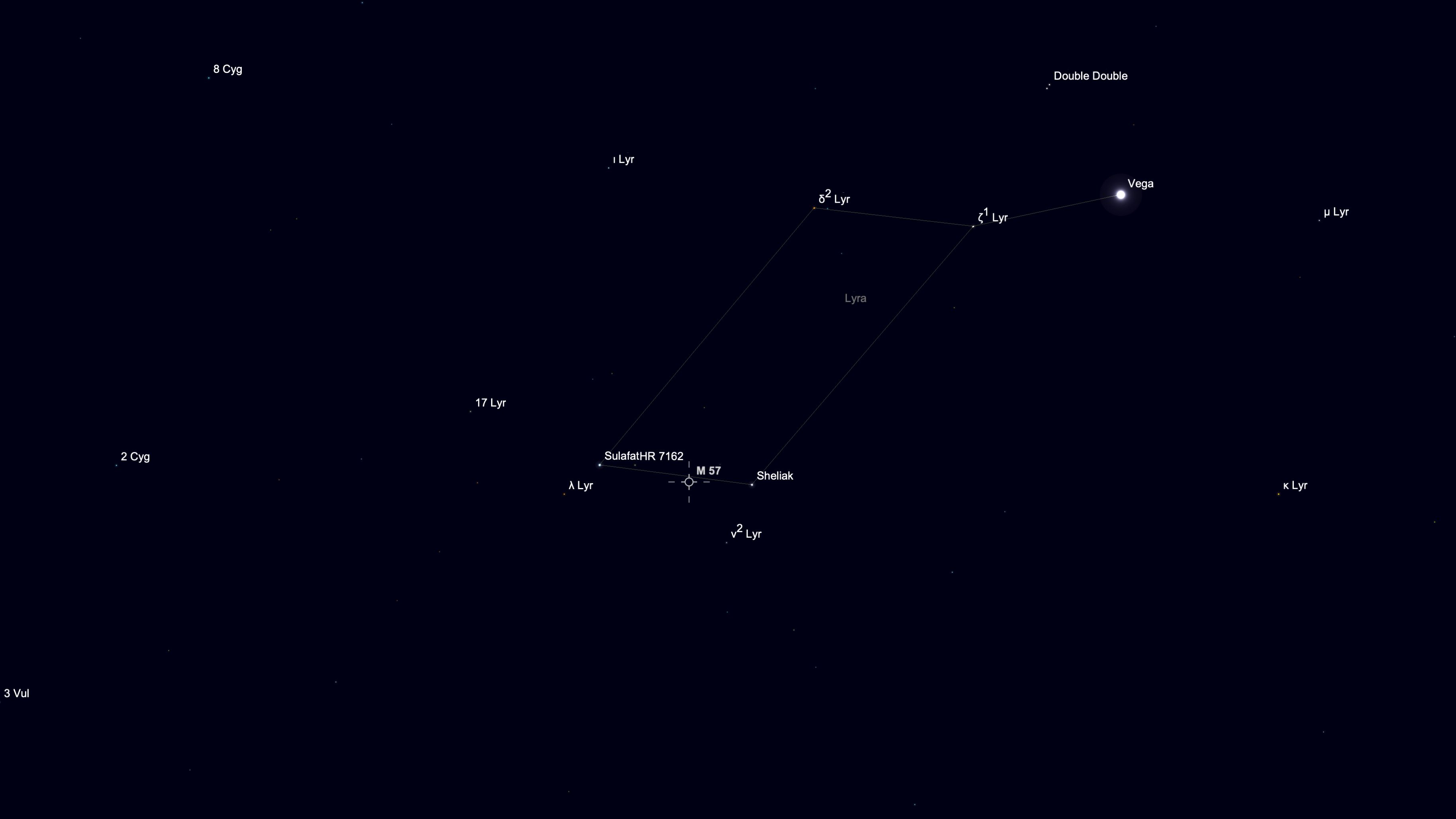 A starchart for Aug. 21 showing the location of the Ring Nebula (M57) among the stars of the constellation Lyra in a black simulated night sky.