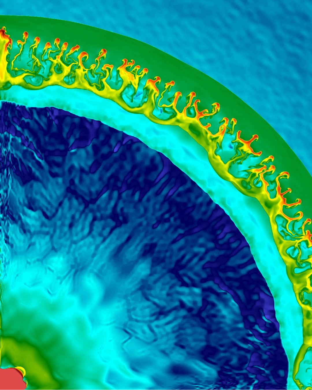 Simulation shows shockwaves and ejected matter from a supernova hitting a surrounding shell of previously ejected material .
