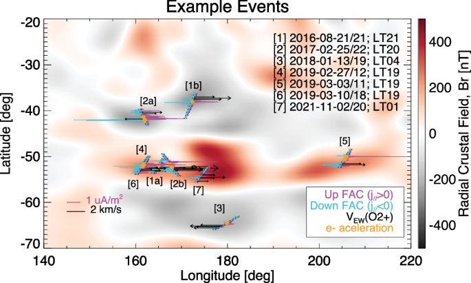 Fig. 4: All event examples of MAVEN observations in the geographic coordinates.