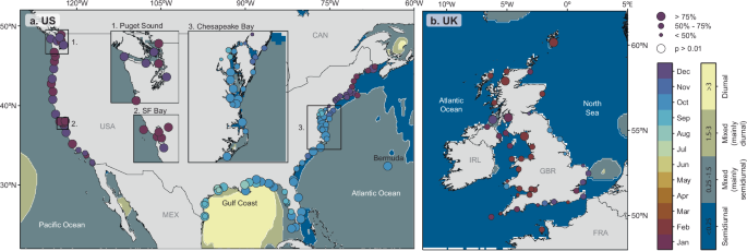 Fig. 3: Spatial patterns in the intra-year timing and prominence of threshold exceedance peaks across the US and UK.