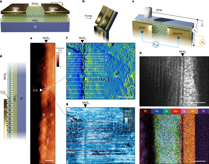 Fig. 2: Schematics and XSTM measurements across the Bi/MoS2 interface.