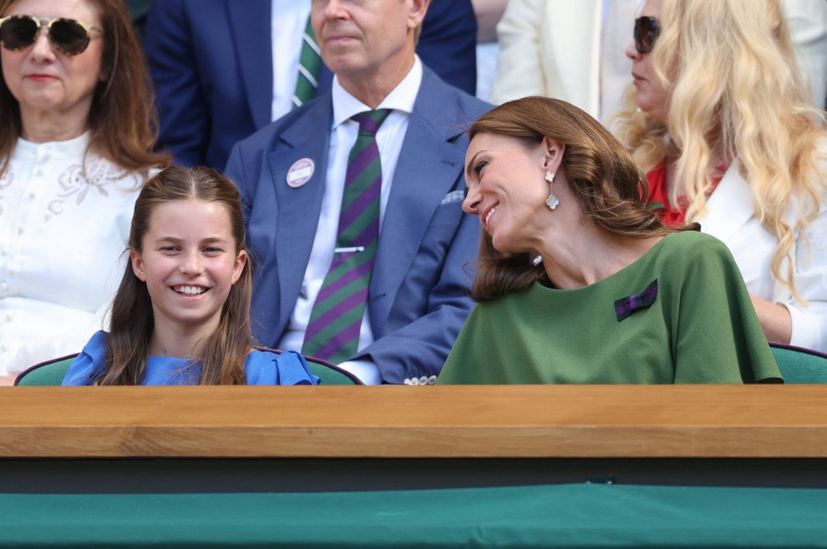 Kate Middleton and Princess Charlotte share a candid laugh while watching the Men's Singles Final from the Royal Box at the 2026 Wimbledon Championships.