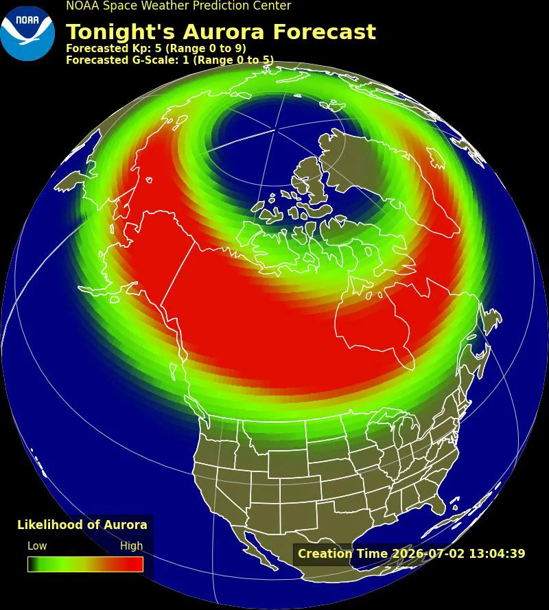 The NOAA aurora forecast for July 02, 2026