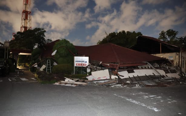 Some buildings at Nippon Paper Industries' Yatsushiro Mill lie collapsed, with multiple people reported missing, in Yatsushiro City, Kumamoto Prefecture, Japan, on July 29, 2026. According to the Japan Meteorological Agency, the quake struck Kumamoto Prefecture at around 4:27 p.m. on July 28, registered a maximum intensity of 7 on Japan's seismic intensity scale, originated at a depth of about 10 kilometers, and had an estimated magnitude of 7.1. ( The Yomiuri Shimbun ) (Photo by Koichi Nagano / The Yomiuri Shimbun via AFP)