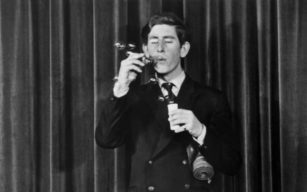 Picture taken on February 24, 1970 at Cambridge in the Trinity College showing Prince Charles of Wales during his performance "Wether 'tis nobler."