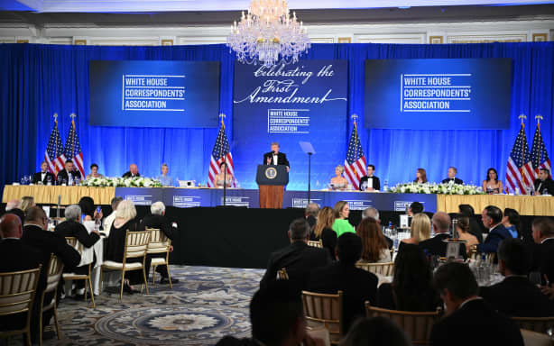 US President Donald Trump speaks during the 2026 White House Correspondents' Association (WHCA) Dinner at the Waldorf Astoria in Washington, DC, on 24 July, 2026.
