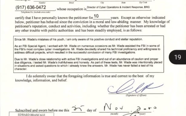 Chris Tarbell's letter to the president described Chris Wade's "positive conduct and stellar reputation". (Supplied)