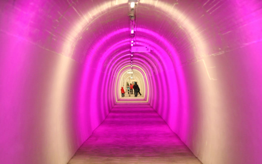 Looking down a long tunnel with  people at the end illuminated by pink lighting