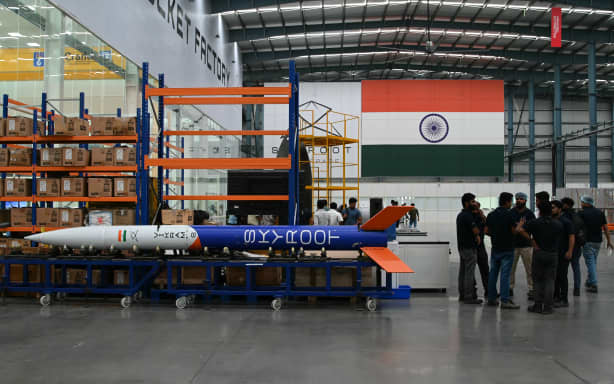 A model of a Vikram-S rocket, at India's Skyroot Aerospace on the outskirts of Hyderabad, on 7 July, 2026.