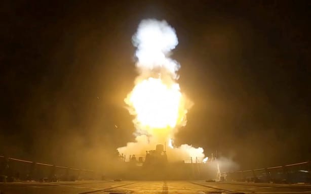A projectile is fired during what the US Central Command (CENTCOM) said was a third round of strikes this week against Iran, in this screen grab taken from a handout video released on July 11.
