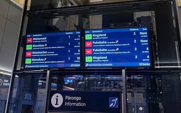 Passenger information screens at Karanga-a-Hape Station during a City Rail Link operational test. Photo/LDR Taelegalolo'u Mary Afemata