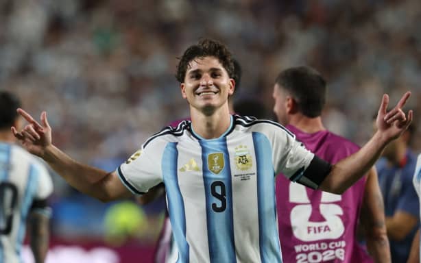 Argentina's forward Julian Alvarez celebrates scoring his team's second goal during the 2026 World Cup football tournament quarter-final match between Argentina and Switzerland at the Kansas City Stadium in Kansas City on July 11, 2026.