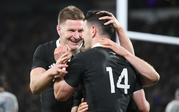 Jordie Barrett and Will Jordan of the All Blacks celebrate Jordan's try.
