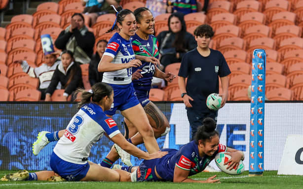 Warriors' Emmanita Paki scores a try during the Warriors v Bulldogs, NRLW match at FMG Stadium, Hamilton, New Zealand on Sunday 5 July 2026. Photo: DJ Mills / Photosport