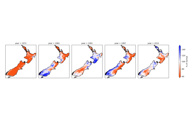 Summer rainfall patterns in New Zealand during five modern El Niño events.
Image credit
Supplied / ESNZ