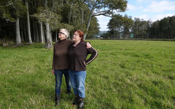 Sisters Heather Jean Bryham, left, and Linda Bryham. The current State Highway 1, in the background, passes between the two largest remaining stands of kahikatea.